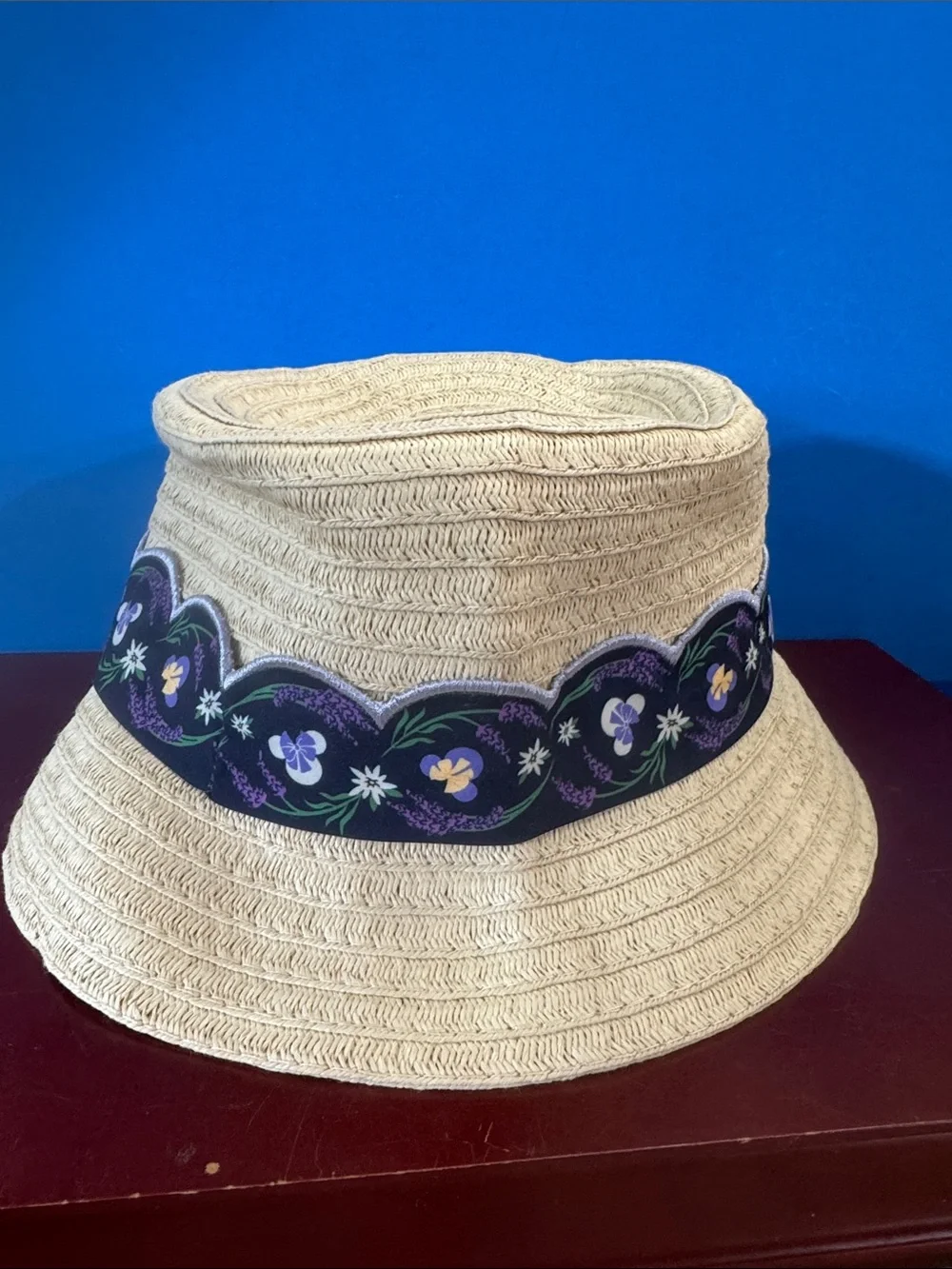 Disney Natural Straw Bucket Hat with Purple Floral Band. NWT